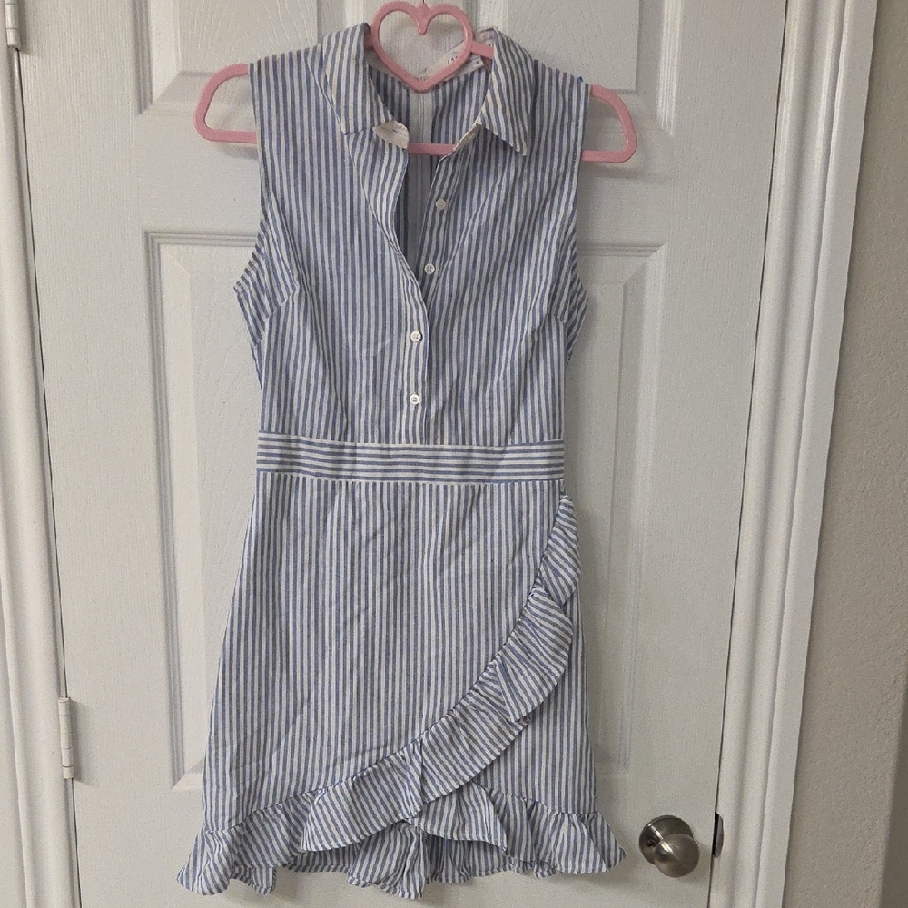 English Factory, Striped Blue and White Dress Ruffle Hem, Button Down, SMALL